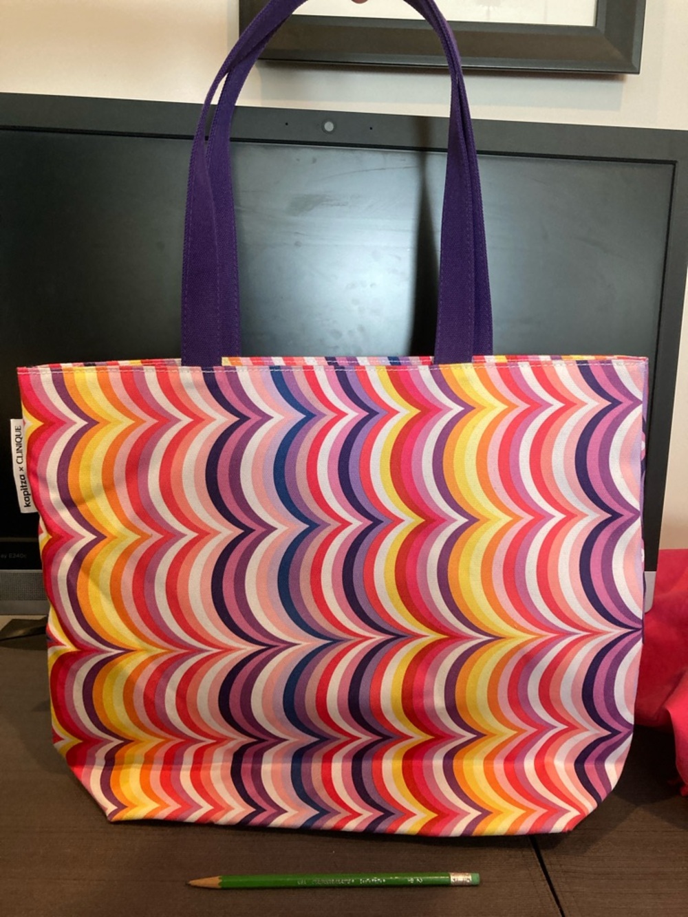 Clinique Multicolor Wave-Print Tote with Purple Handles